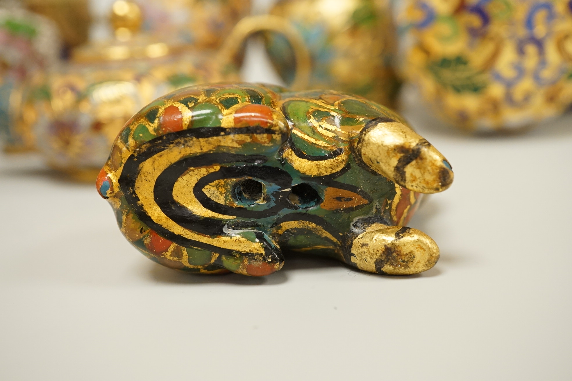 A collection of miniature enamel and cloisonné boxes, eggs and a painted rabbit, etc. (11)